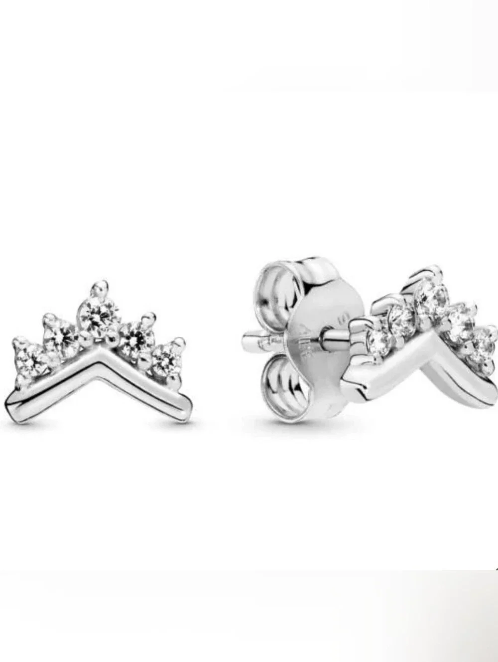 Pandora Silver Crown Chevron Stud Earrings with Clear Stones